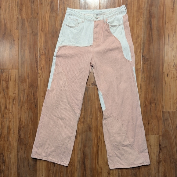 Patchwork Straight Leg Jean Trouser CIDER Womens M Pink White Colorblock - Picture 1 of 7